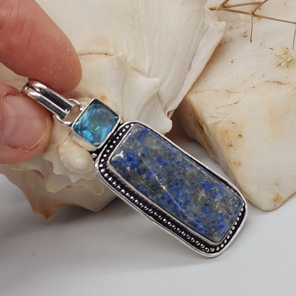 Nnatural Lapis/Blue Topaz Stone Silver 925 Pendant/Necklace - Picture 10 of 11
